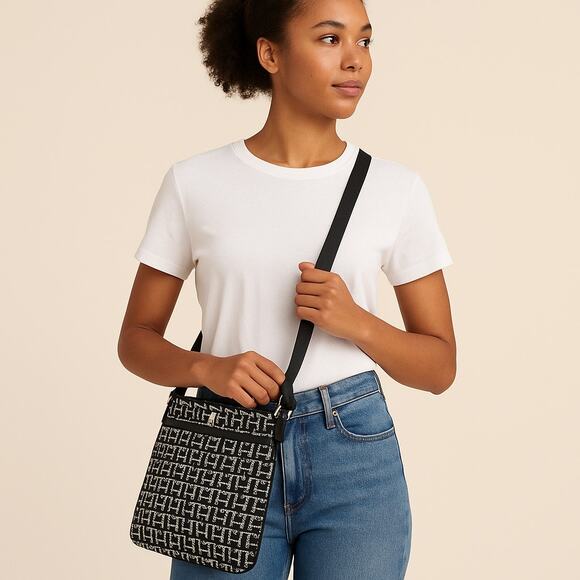Tommy Hilfiger Black Monogram Logo Crossbody Bag Adjustable Strap - Picture 1 of 11